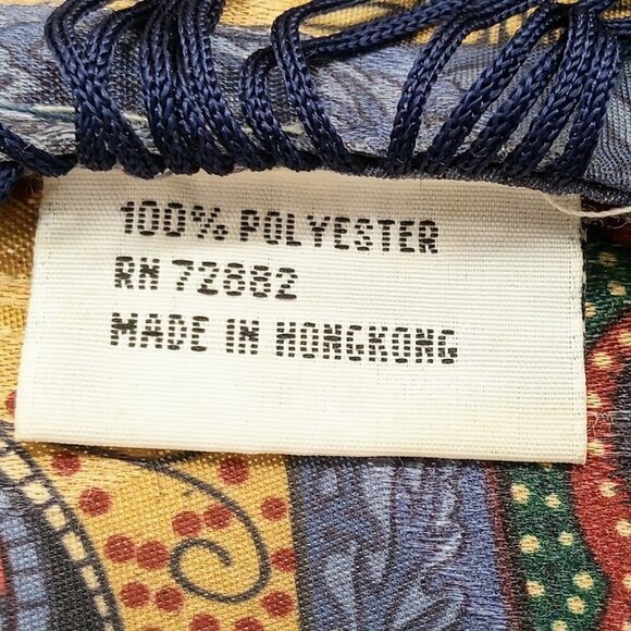 Vintage Tan Blue Red Paisley Jacquard Oblong Fringed Scarf - Picture 5 of 6